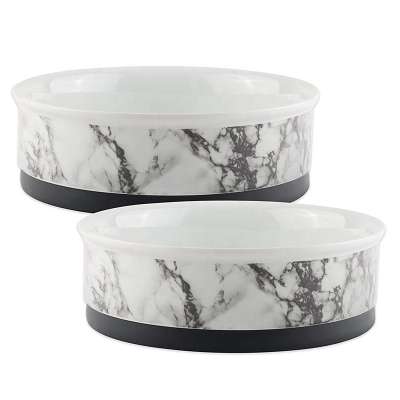 New design round luxury pet bowls marble ceramic dog bowl black lines marble pet bowl